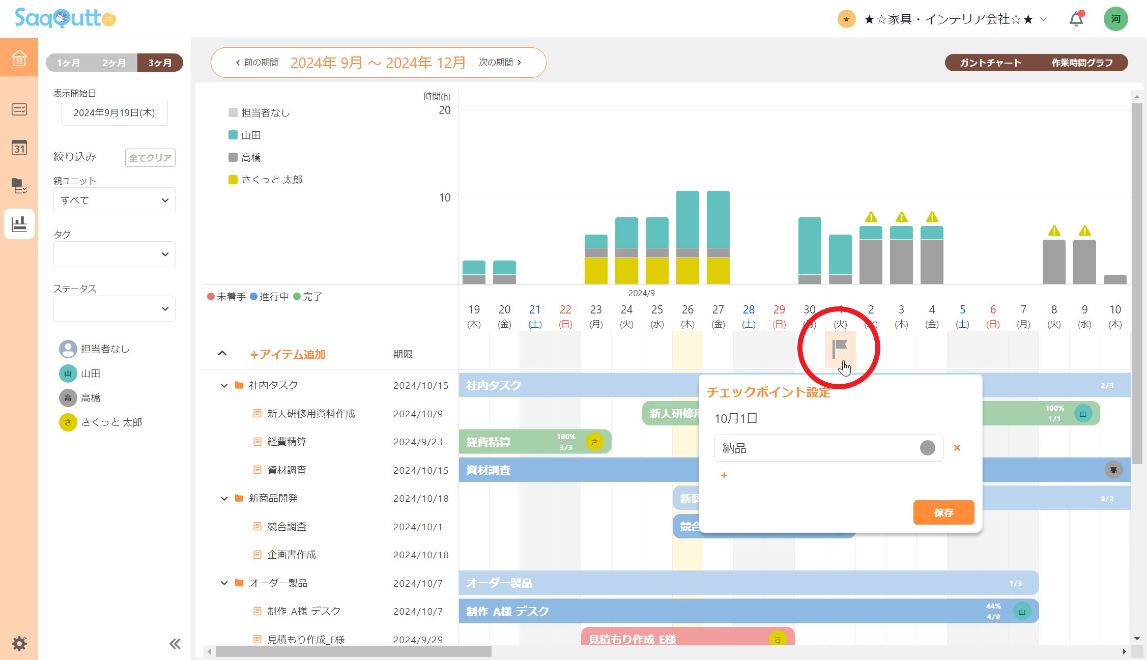 ガントチャート機能-チェックポイントを設定